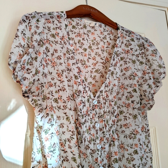 Sheer Tan Floral Print Blouse Size S - Picture 2 of 8